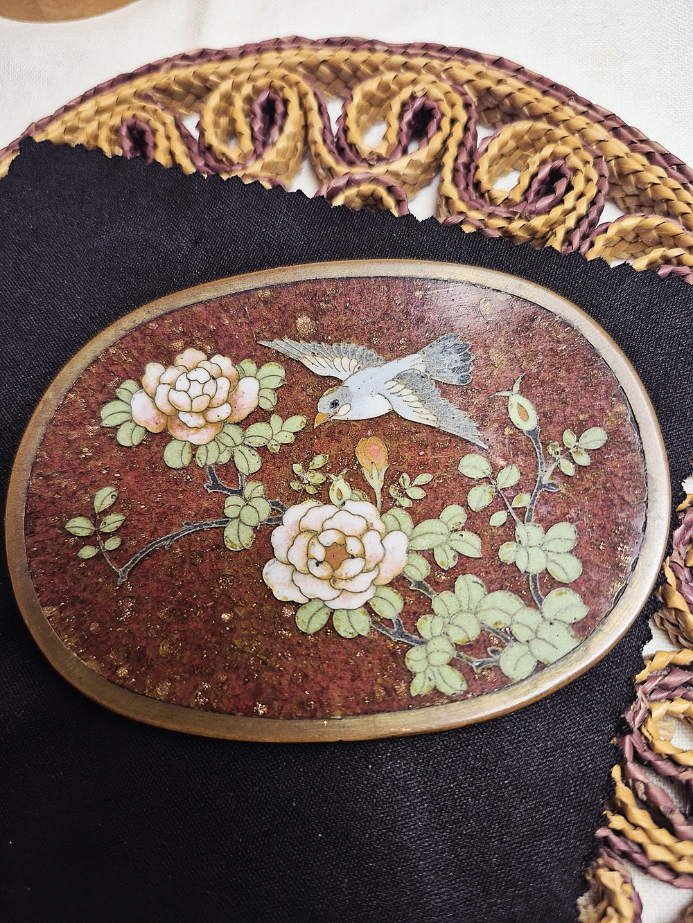 Handpainted Floral Bird Oval Trinket Box - Rust and Pastel Green